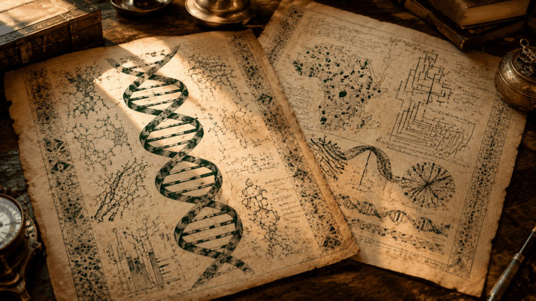 Scientific manuscripts showing DNA helix and African genomics research